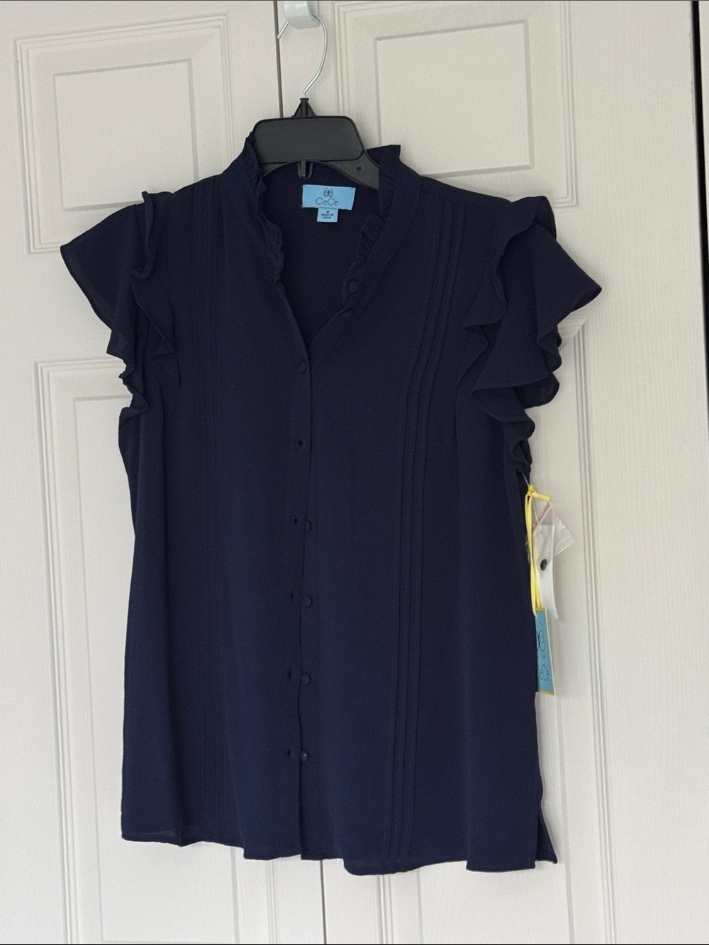 CeCe Navy Ruffle Sleeve Button-Front Blouse